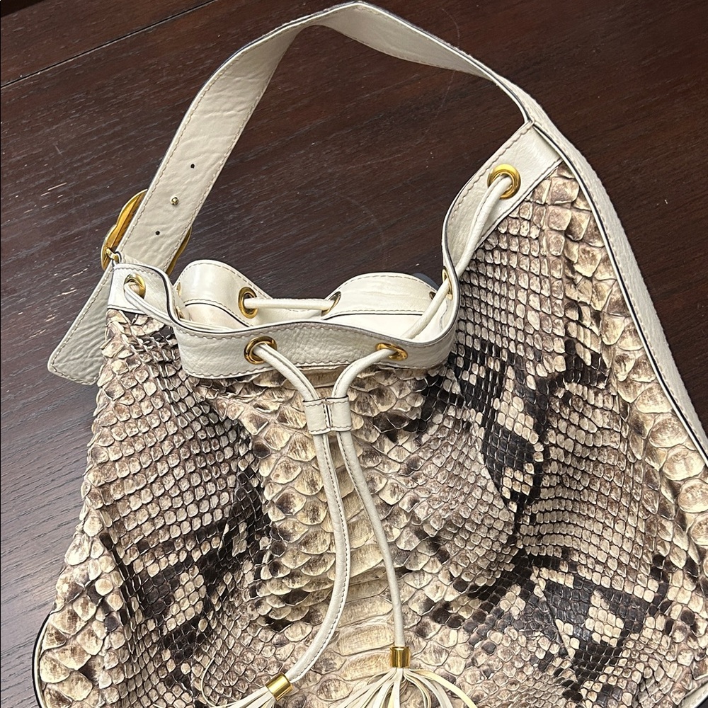 Gucci Cream and Brown Snake Print Shoulder Bag